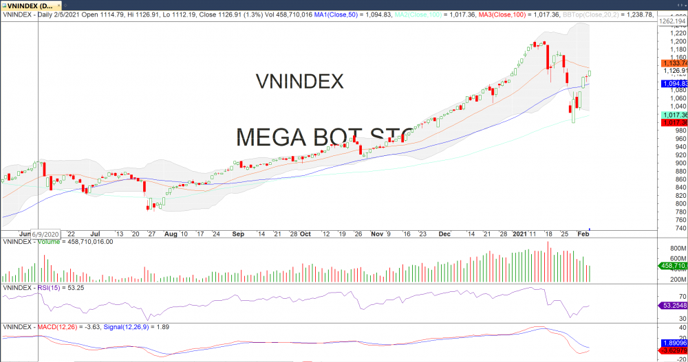 Đồ thị VN-Index của thị trường chứng khoán hôm nay 05/02. (Nguồn: MegaBot)