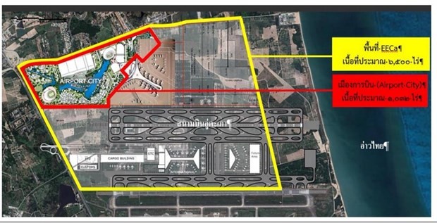 A map shows the area allocated for the Eastern Economic Corridor for aviation (EECa), highlighted in yellow. (Source: Bangkok Post)