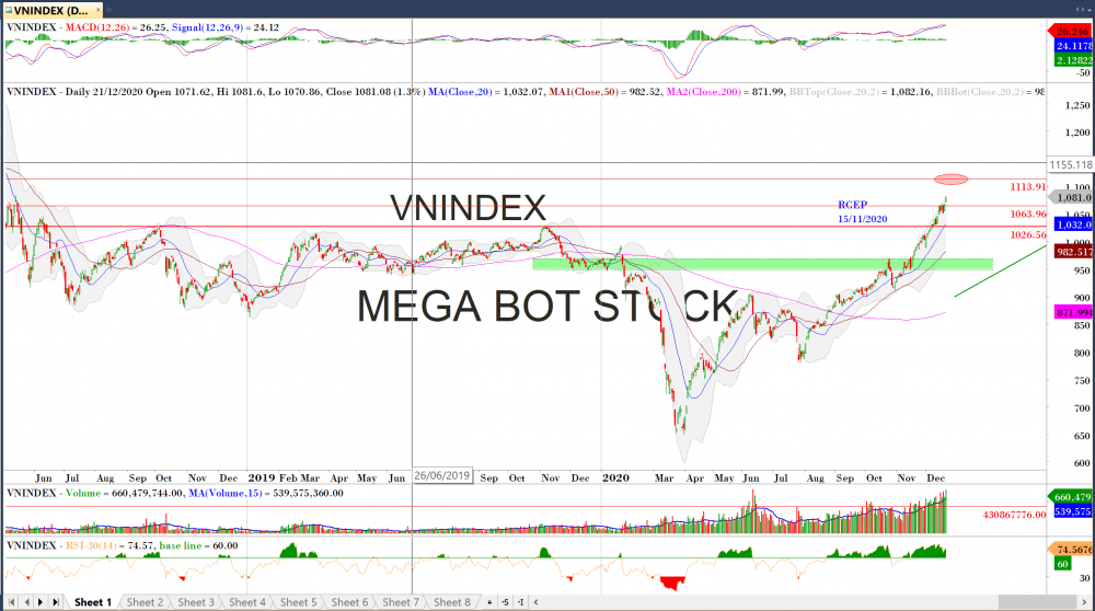 Thị trường chứng khoán ngày 21/12/2020: Đồ thị VN-Index.(Nguồn: MegaBot)