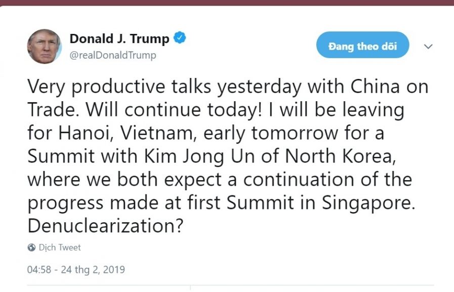 tong thong donald trump dang ke hoach den ha noi tren twitter