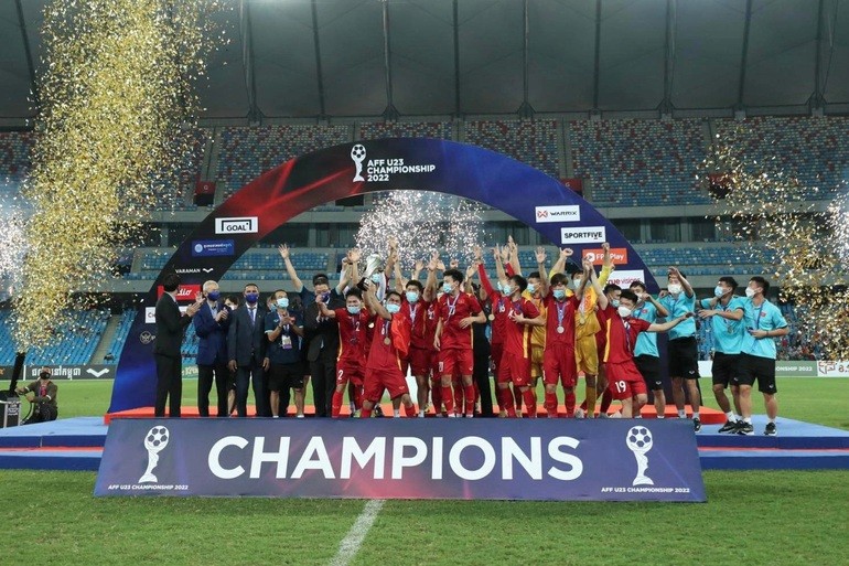 U23 Việt Nam đánh bại U23 Thái Lan 1-0 ở trận chung kết, qua đó lên ngôi vô địch giải U23 Đông Nam Á 2022.. (Nguồn: Chụp màn hình)