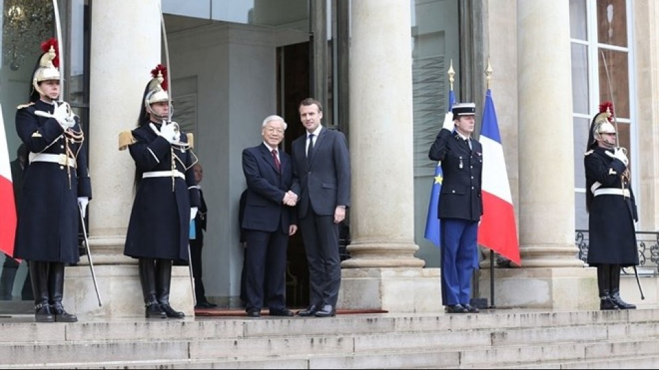 Tổng Bí thư Nguyễn Phú Trọng hội đàm với Tổng thống Emmanuel Macron