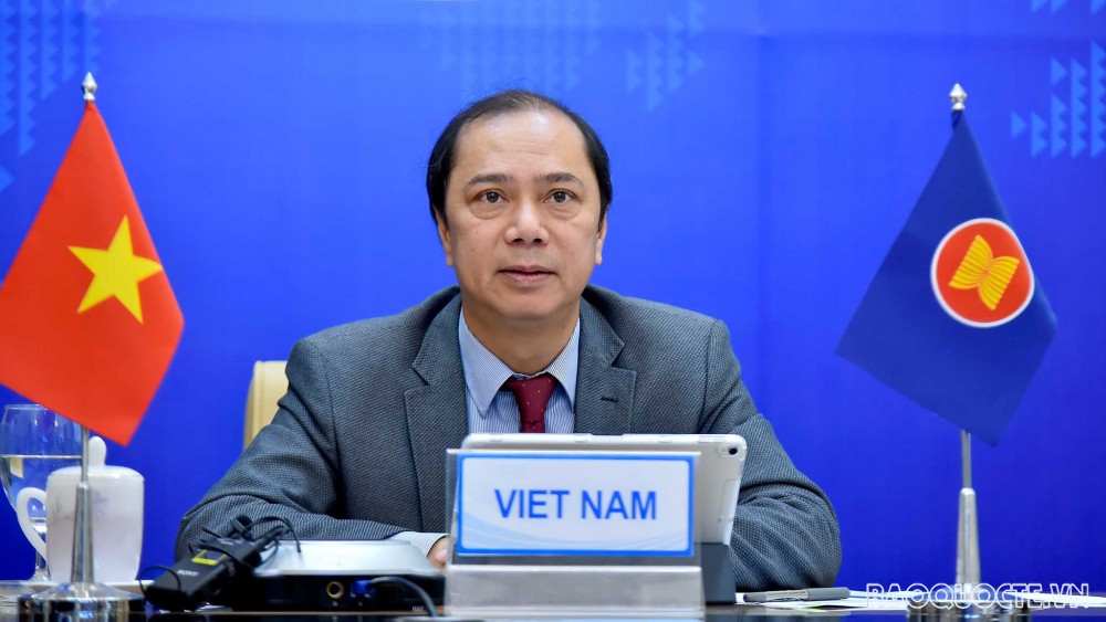 Thứ trưởng Ngoại giao Nguyễn Quốc Dũng, Trưởng SOM ASEAN của Việt Nam tham dự Đối thoại ASEAN-New Zealand lần thứ 28 theo hình thức trực tuyến. (Ảnh: Tuấn Anh)