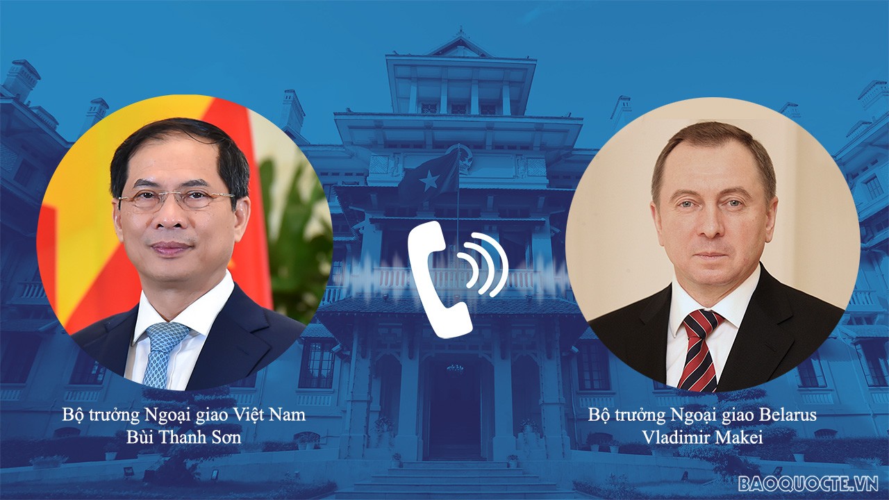 Bộ trưởng Ngoại giao Bùi Thanh Sơn điện đàm với Bộ trưởng Ngoại giao Belarus Vladimir Makei. (Ảnh: Tuấn Anh)