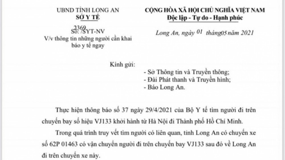 Khẩn: Long An tìm người liên quan đến bệnh nhân Covid-19 ở Hà Nam