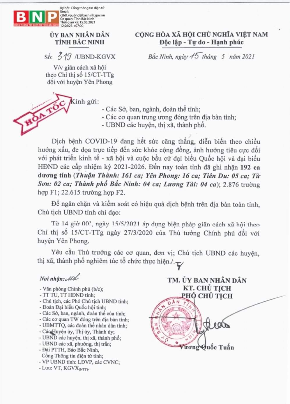 Bắc Ninh chính thức giãn cách xã hội huyện Yên Phong từ 14h hôm nay (15/5)