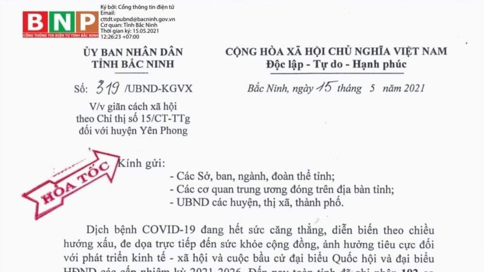 Bắc Ninh chính thức giãn cách xã hội huyện Yên Phong từ 14h hôm nay (15/5)