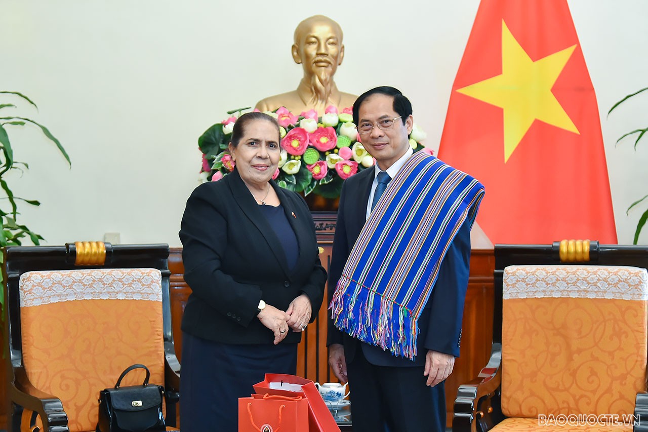Chiều ngày 27/7, tại trụ sở Bộ, Bộ trưởng Ngoại giao Bùi Thanh Sơn đã tiếp Đại sứ Timor-Leste Maria Olandina Isabel Caeiro Alves chào xã giao. (Ảnh: Tuấn Anh)