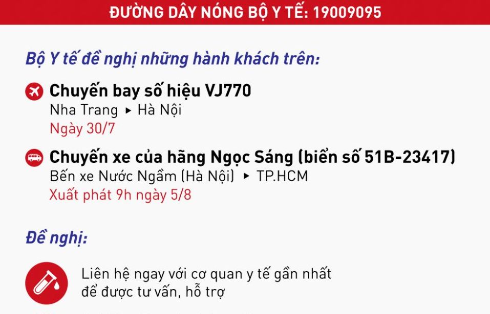 Covid-19 ở Việt Nam: Bộ Y tế tìm người đi máy bay VJ770 ngày 30/7 và nhà xe Ngọc Sáng vào TP.HCM ngày 5/8