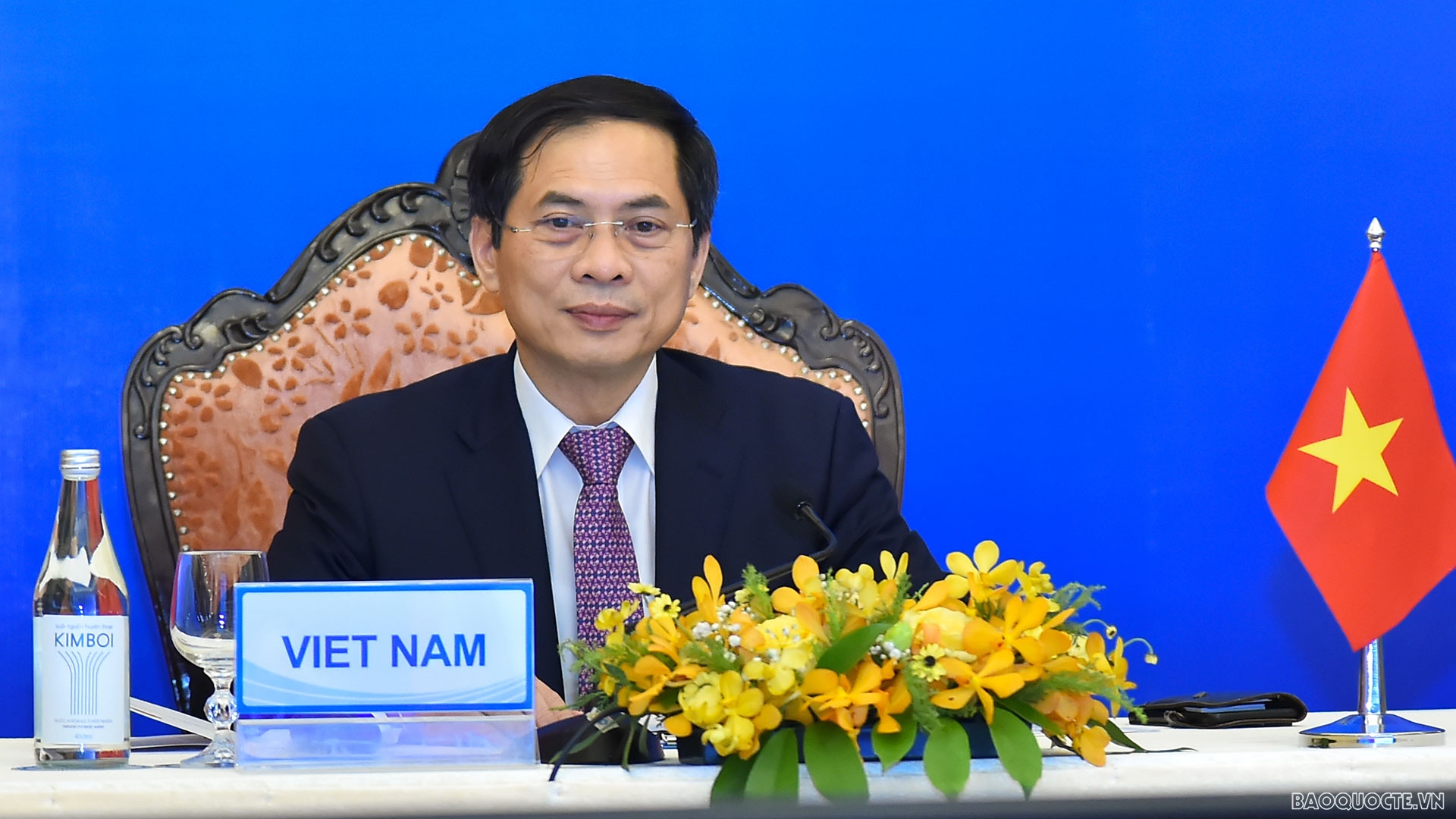 Bộ trưởng Ngoại giao Bùi Thanh Sơn tham dự và phát biểu tại Hội nghị Bộ trưởng hợp tác Mekong-Nhật Bản lần thứ 14 theo hình thức trực tuyến.  (Ảnh: Tuấn Anh)