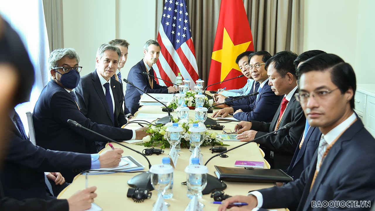 Bên lễ AMM-55, chiều ngày 5/8, Bộ trưởng Ngoại giao Bùi Thanh Sơn gặp Ngoại trưởng Mỹ Antony Blinken. (Ảnh: Tuấn Anh)