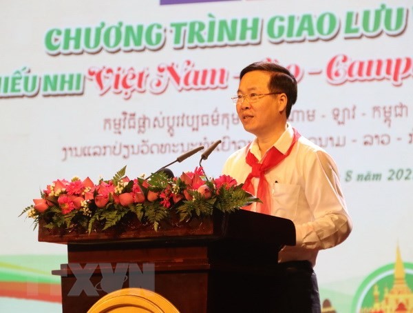 Thường trực Ban Bí thư Võ Văn Thưởng phát biểu tại chương trình giao lưu văn hóa thiếu nhi ba nước Việt Nam-Lào-Campuchia năm 2022