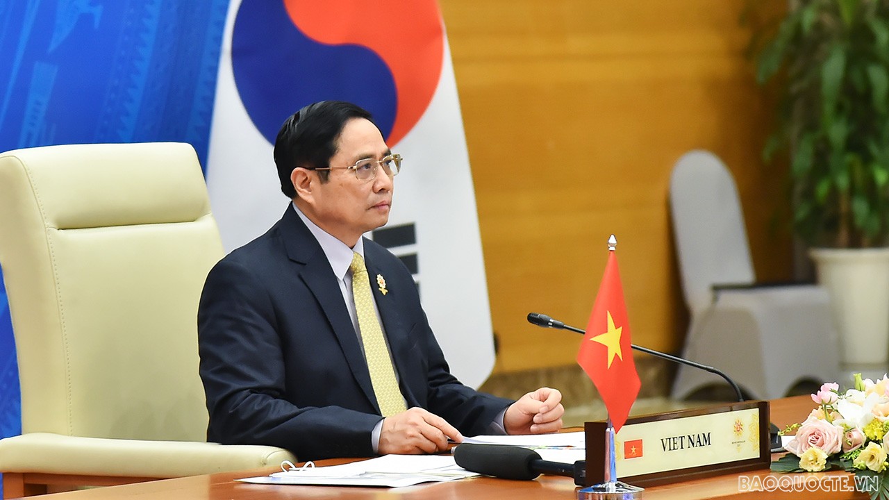 Chiều ngày 26/10, Thủ tướng Chính phủ Phạm Minh Chính đã tham dự Hội nghị Cấp cao trực tuyến ASEAN-Hàn Quốc lần thứ 22. (Ảnh: Tuấn Anh)