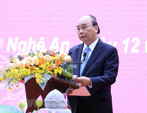 Chủ tịch nước Nguyễn Xuân Phúc phát biểu tại lễ kỷ niệm. (Ảnh: Thống Nhất/TTXVN)