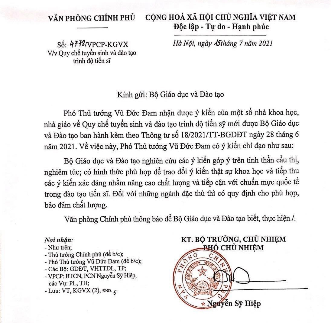 Quy chế tuyển sinh và đào tạo trình độ tiến sĩ mới: PTT Vũ Đức Đam chỉ đạo Bộ GD&ĐT nghiêm túc tiếp thu ý kiến