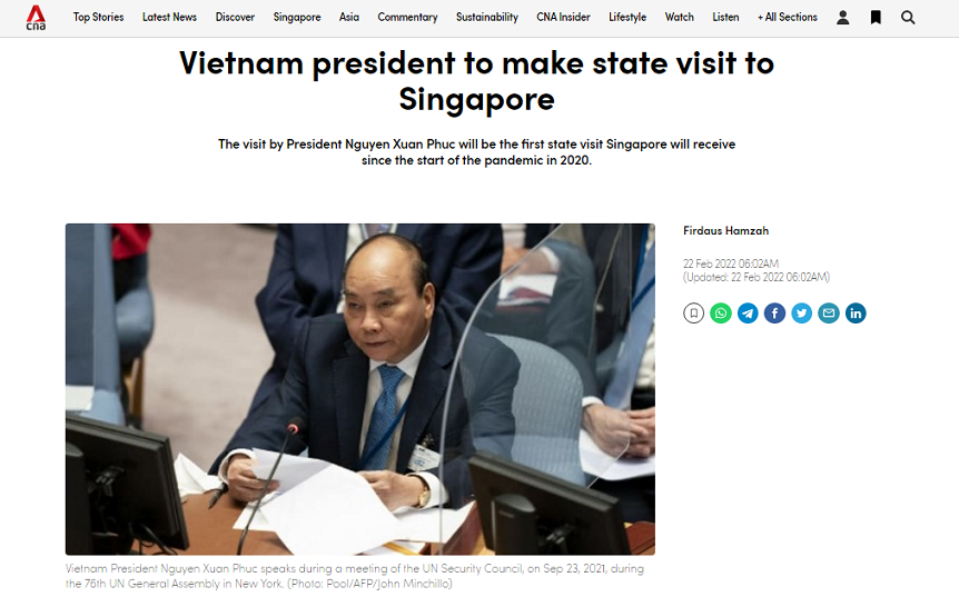 Báo chí Singapore đưa tin về chuyến thăm của Chủ tịch nước Nguyễn Xuân Phúc